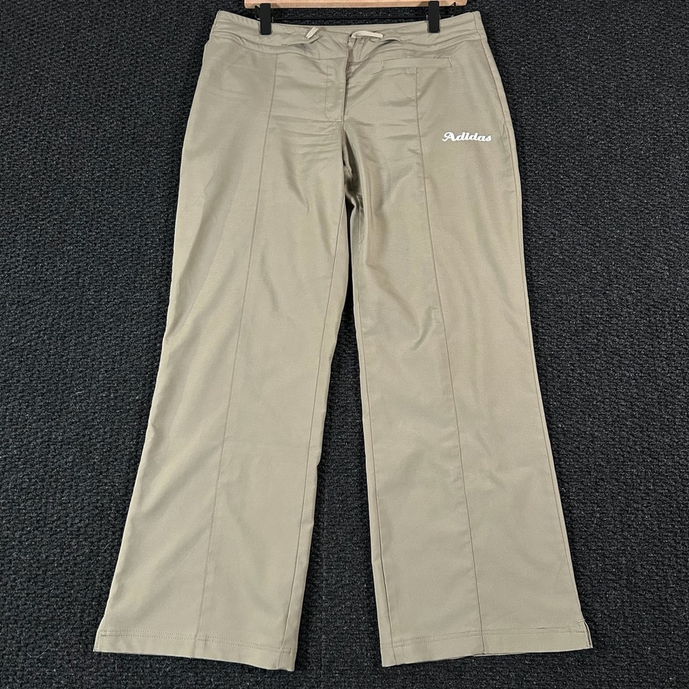 Adidas Womens Wide Leg Athletic Pants Khaki Taupe Script Logo‎ Size M 959329